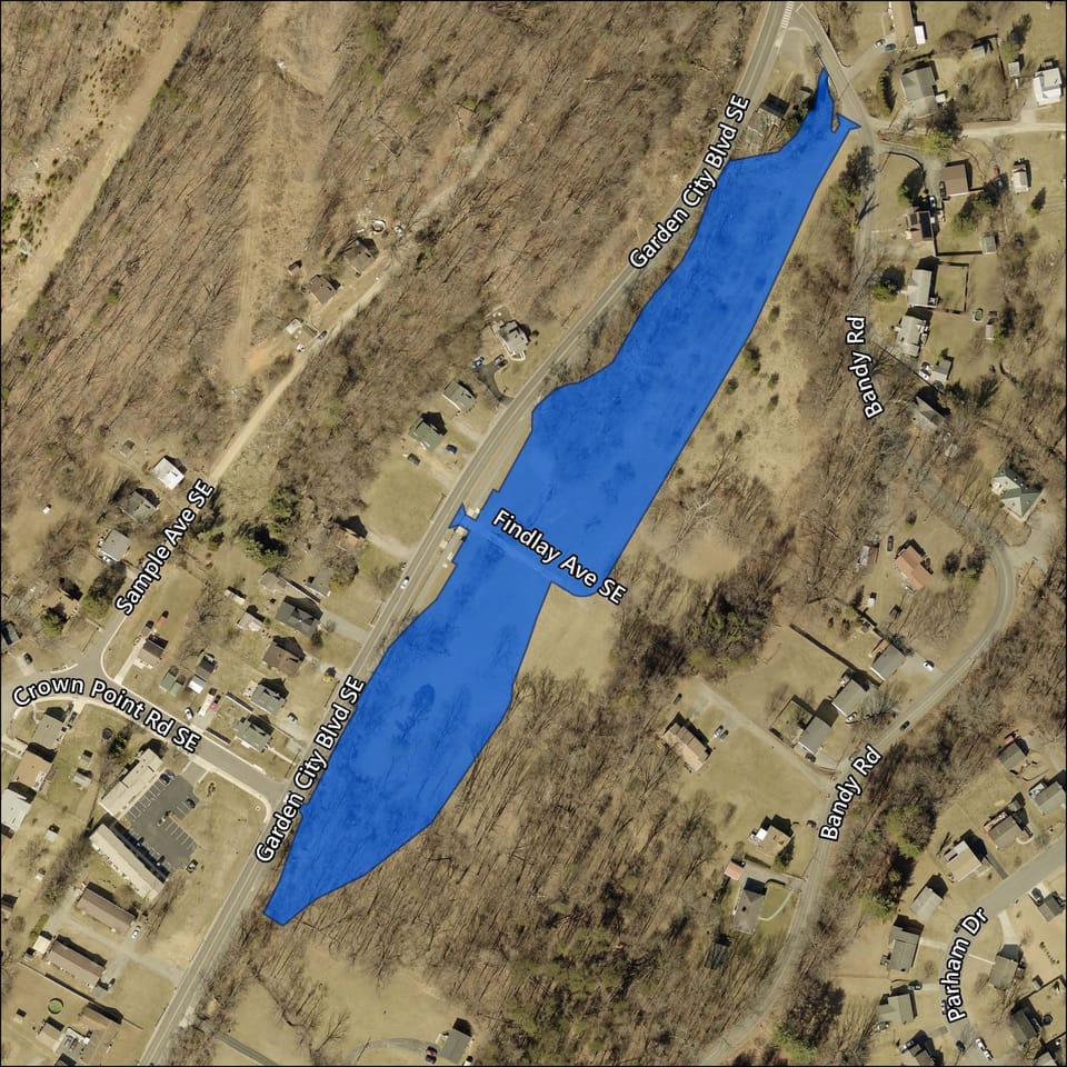 A map of the Garnard Branch Stream Restoration area, extending from Garden City Boulevard SE and Bandy Road along the Garden City Greenway southbound to Crown Point Road SE