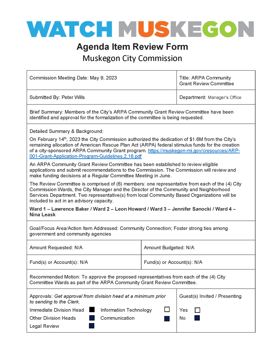 5/19/23 Cover Sheet for ARPA Committee