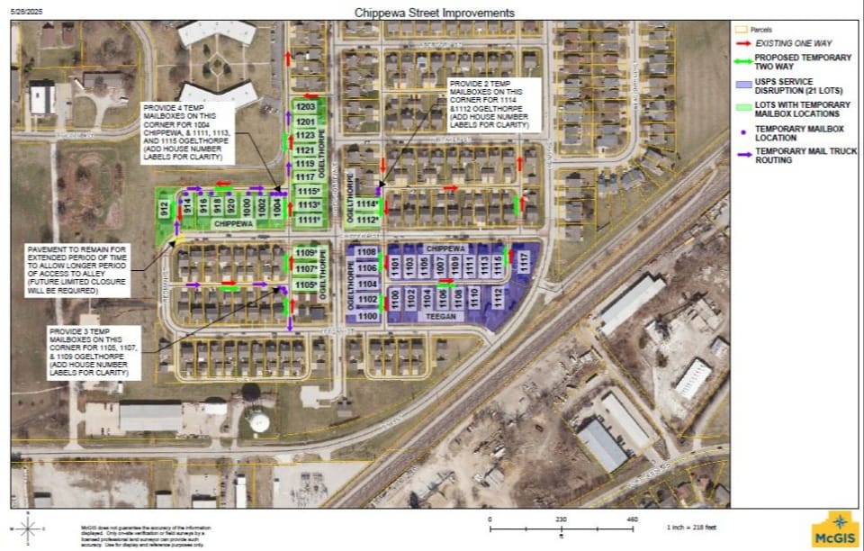 Decorative: Map illustrating the mail impacts to Savannah Green. (Impacts described in written detail.)