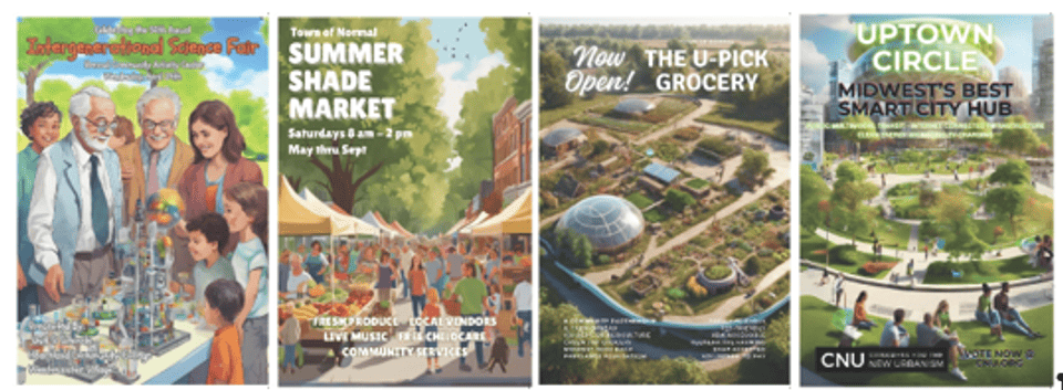 Posters for mock events: Intergenerational Science Fair, Summer Shade Market, U-Pick Grocery and Smart City Hub