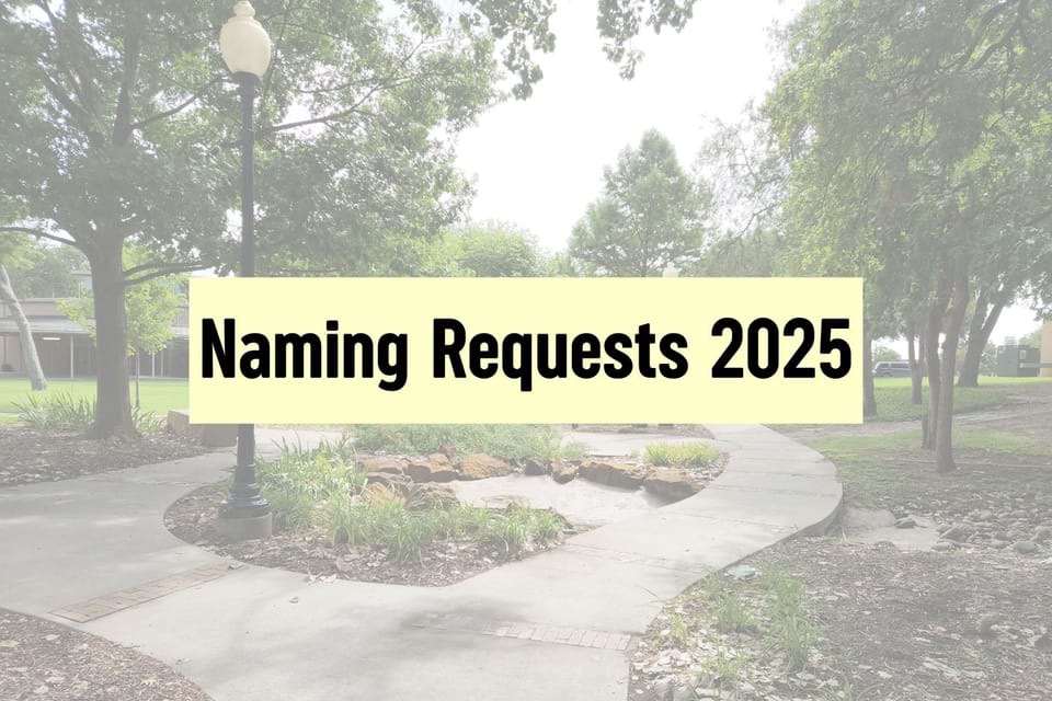 Photo of park trail with overlay text saying Naming Requests 2025