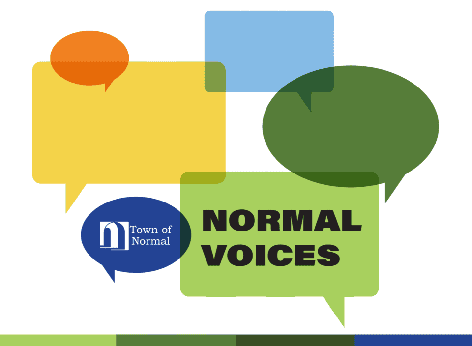 a graphic displaying several conversation boxes, with the words "Normal Voices" and the Town of Normal logo. 
