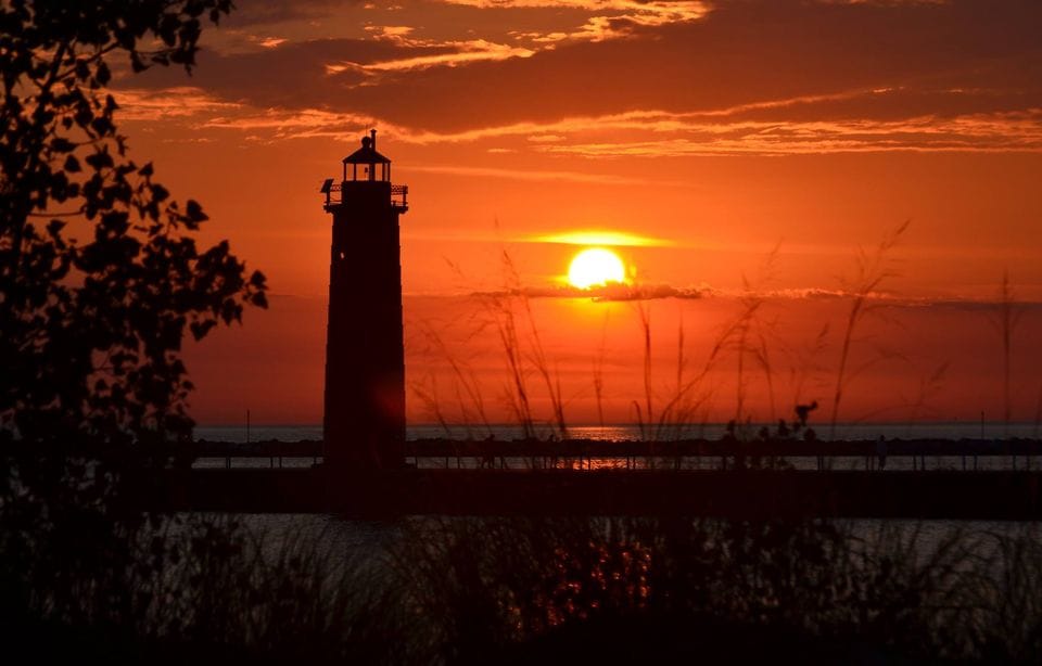 A classic Lake Michigan sunset behind the Muskegon South Pierhead Lighthouse