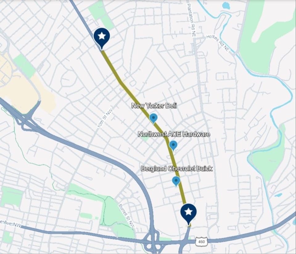 Aerial image of northbound Williamson Road approaching Liberty Road intersection