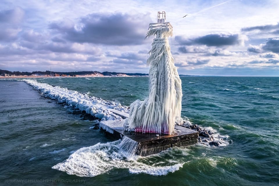 Muskegon South Break Wall Lighthouse in ice, December 2022