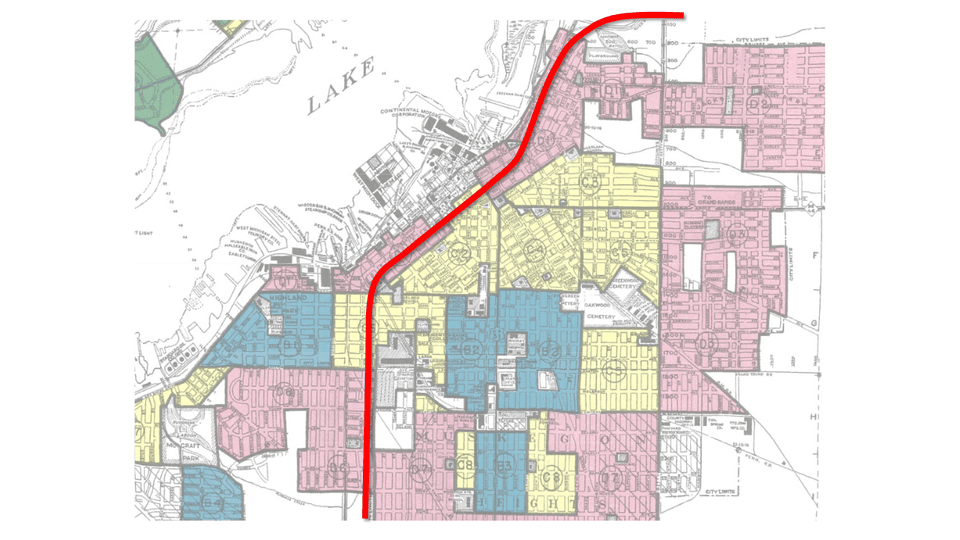 Route of Seaway Drive overlayed on historic redlining map