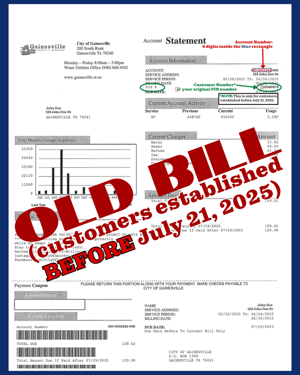Test Copy of an old bill that shows customers where they can find their new account and customer numbers.
