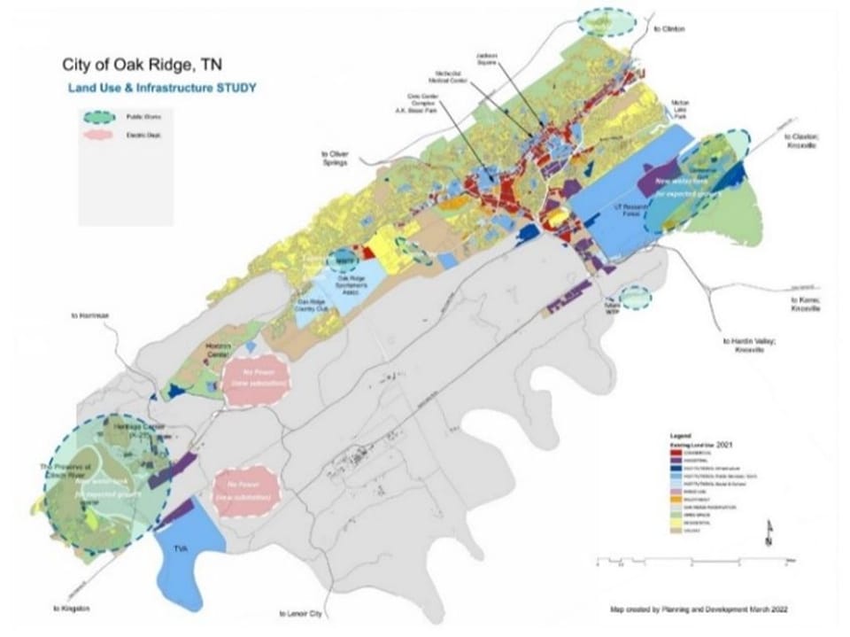 Over HALF of the City’s footprint, including nearly all undeveloped acreage, is owned by the Department of Energy, and is unavailable for urban development; DOE is, however, open to discussions about the transfer of unused properties that are not considered to be ‘mission critical’ for their future use.  The comprehensive plan offers an important opportunity to evaluate options as the basis for subsequent requests of property transfer; [areas in light blue are TVA or UT controlled and off-limits as well.] 