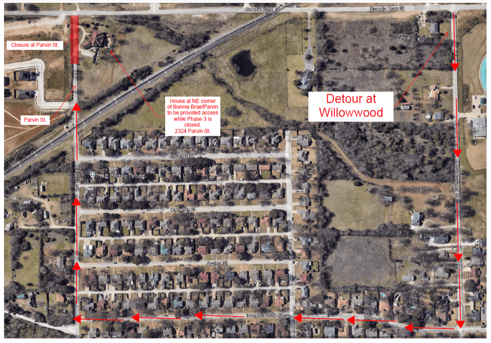 Map of closure at Parvin street and detour at Willowwood
