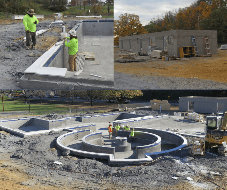 The collage shows construction updates to the Washington Park Pool.