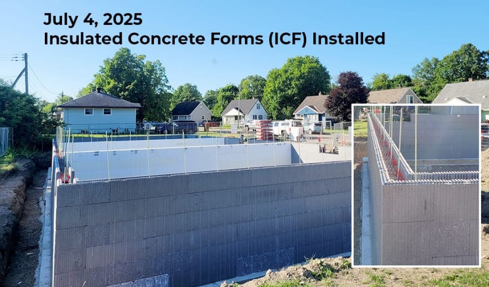 wide shot of building forms with an inset on the left of a corner of the installation