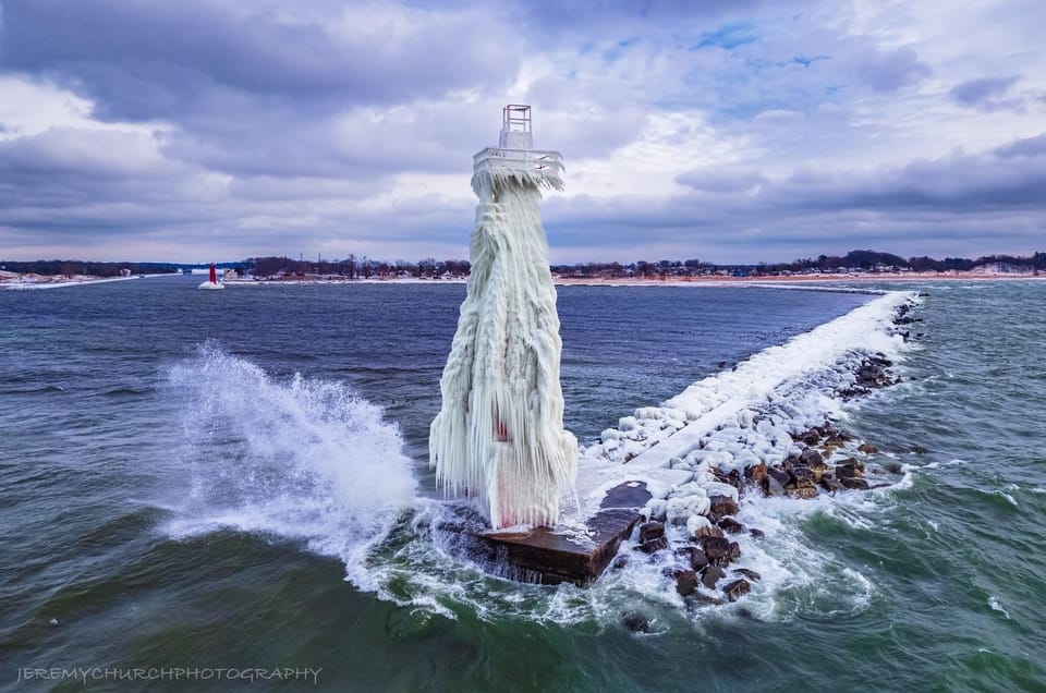 The Muskegon South Break Water Lighthouse faces winter. 