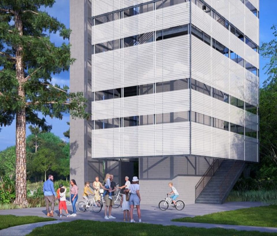  pedestrian bridge elevator and staircase view with people on bike and walking