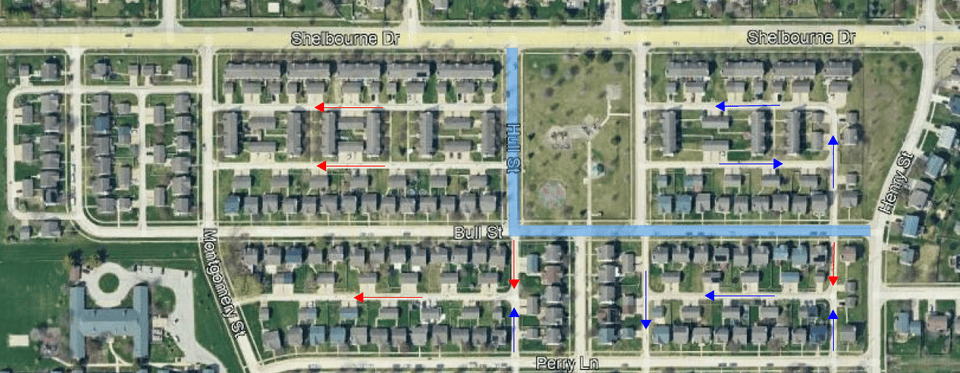 Map highlighting road closure on Bull and Hull streets