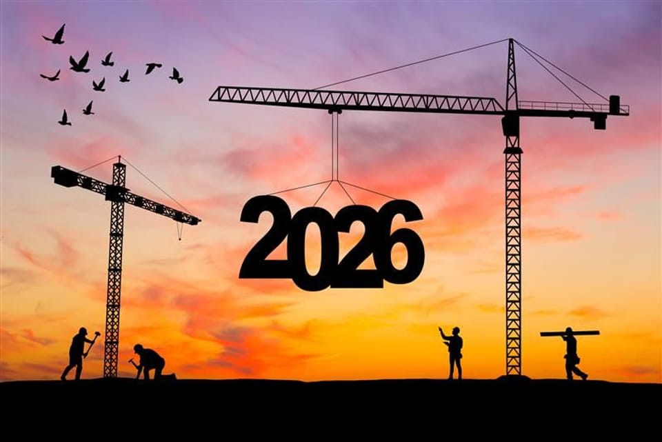 Graphic with construction workers building beams and 2026 in the middle