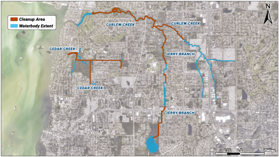 Channel clearing map of cleanup areas