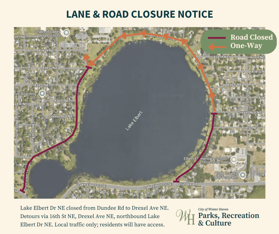 Map of Road Closures and Traffic Pattern Changes at Lake Elbert