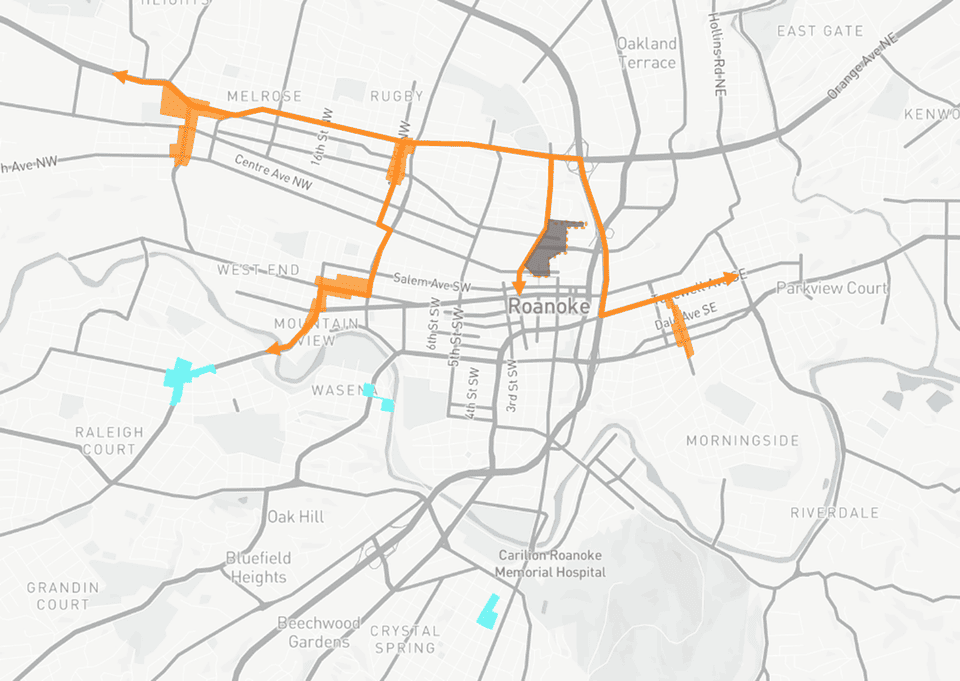 A map of Roanoke showing Neighborhood Centers Plan