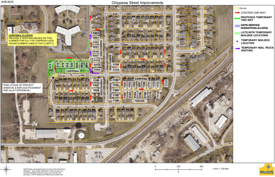A map showing where temporary mailboxes will be placed at Chippewa and Redman and the impacted intersection of Redman and the alley behind Chippewa ... the final stage of the project (remove and replace pavement and alley entrance).