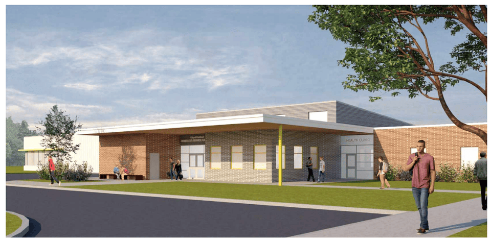 A draft drawing of the new Homeless Services Center. The image depicts a one-story, modern, brick building.