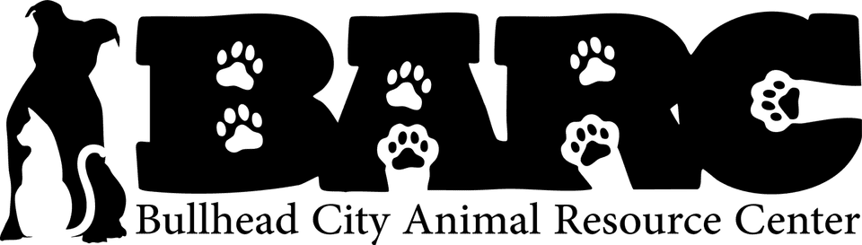 Bullhead Animal Resource Center Logo - A silhouette of a cat and a silhouette of a dog overlap each other next to the capital letters BARC. The empty spaces of the capital letters are cut out with animal pawprints. 