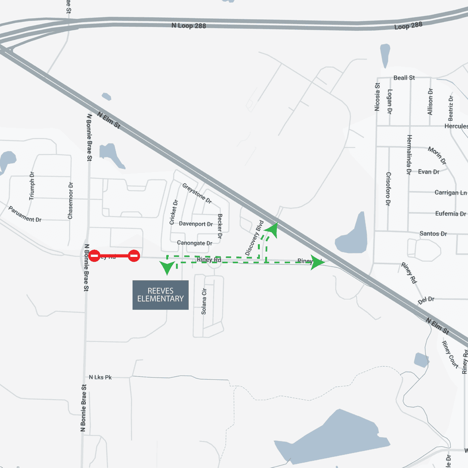Map showing Riney Road access through the street intersections at Discovery Blvd. & US77 and the Riney Road & US77.