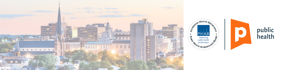 An skyline image of Portland with the Portland Public Health logo, consisting of an orange "P" for Portland and the local health department accreditation seal.