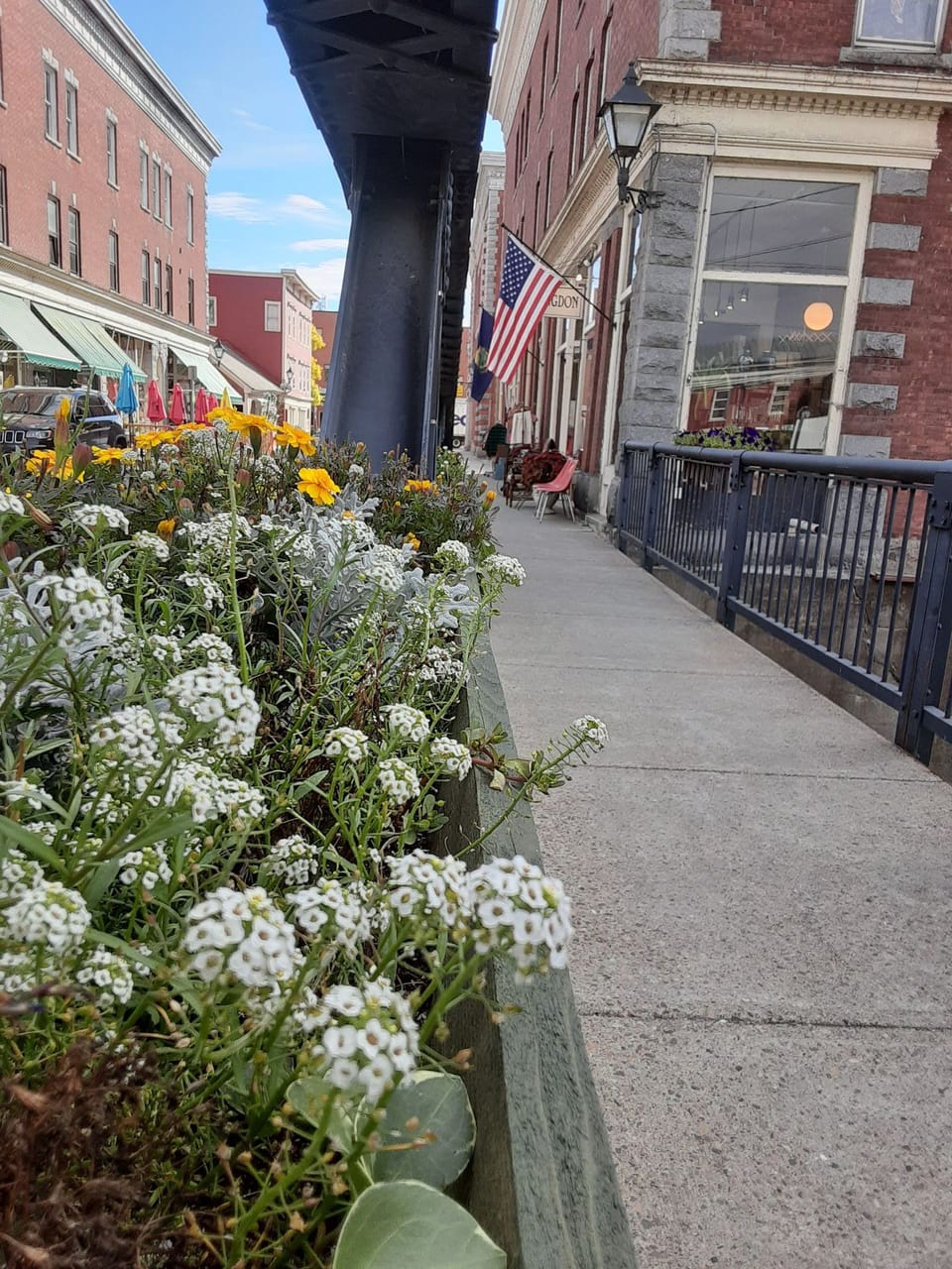 Langdon Street flower boxes line the bridge