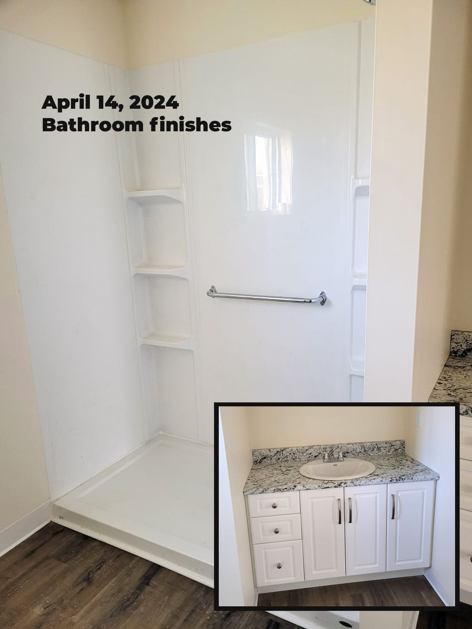 bathroom shower stall and vanity