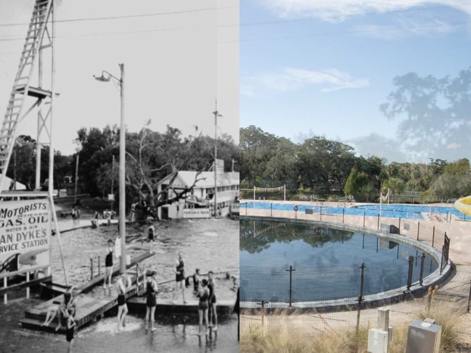 A then and now picture of the spring and pool