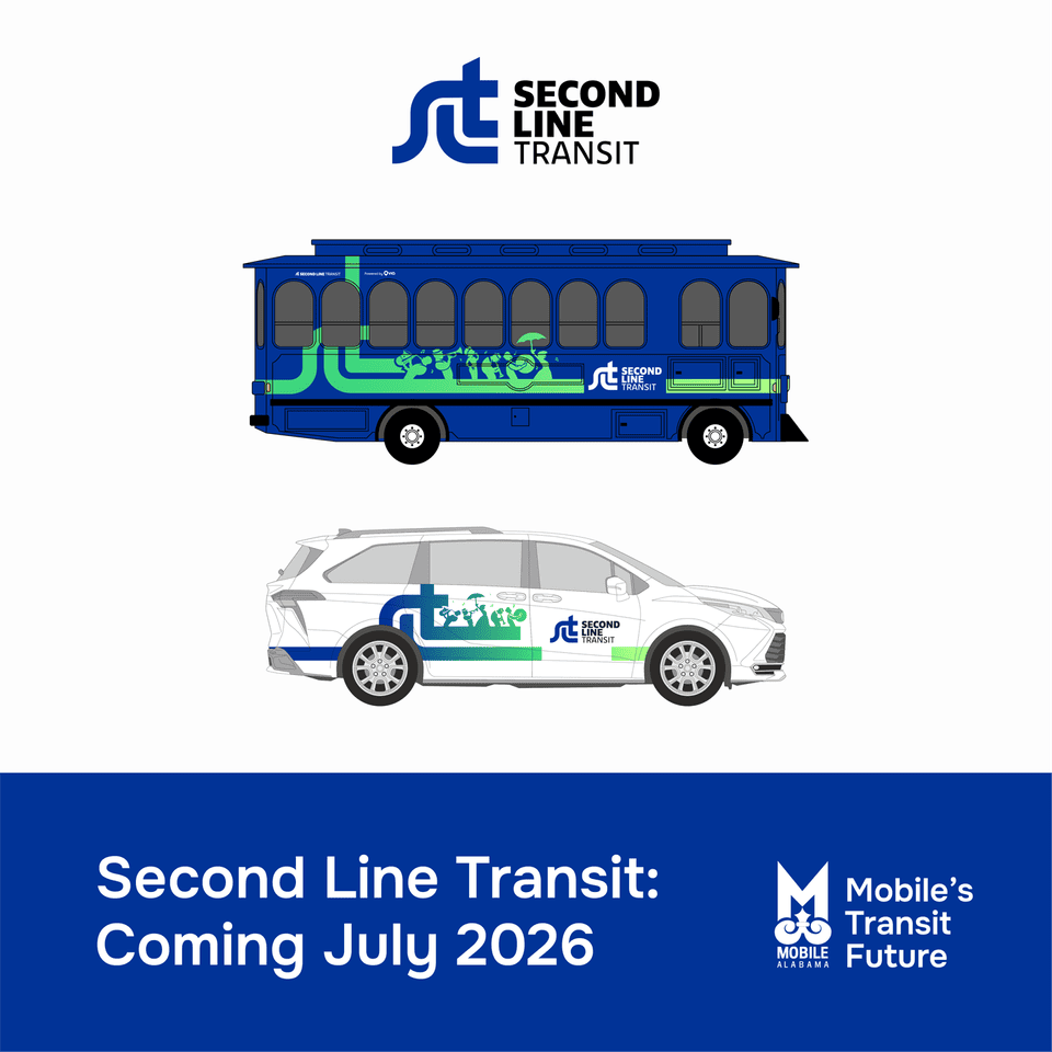Second Line Transit logo and vehicle images, graphic says coming in July 2026