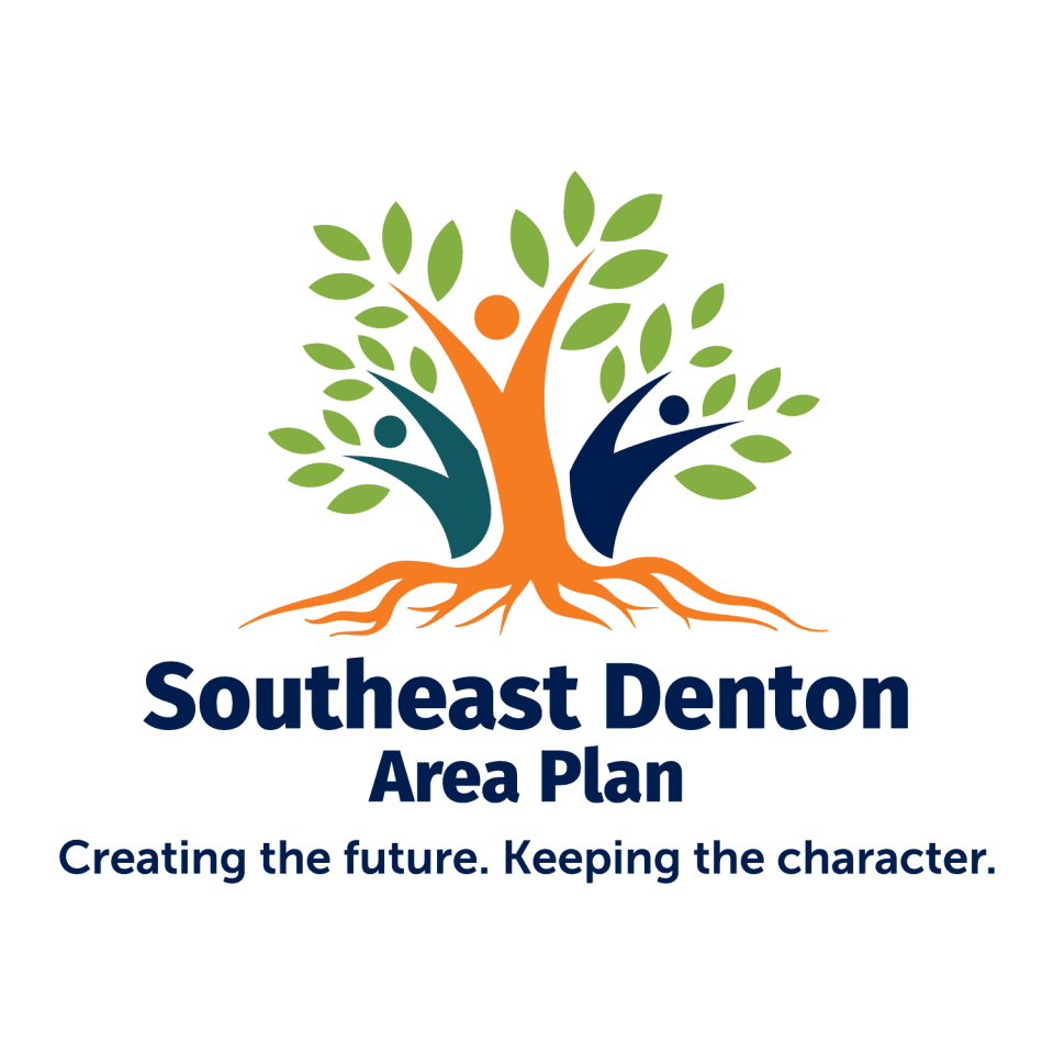 Southeast Denton Area Plan logo with text saying creating the future. Keeping the character.