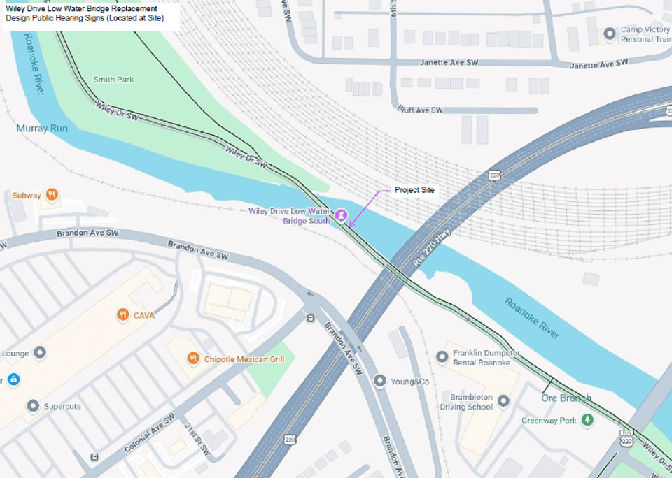 Wiley Drive Low Water Bridge Replacement Design Public Hearing Signs at Site. GIS map of project site highlighted on Wiley Drive over the Roanoke River.