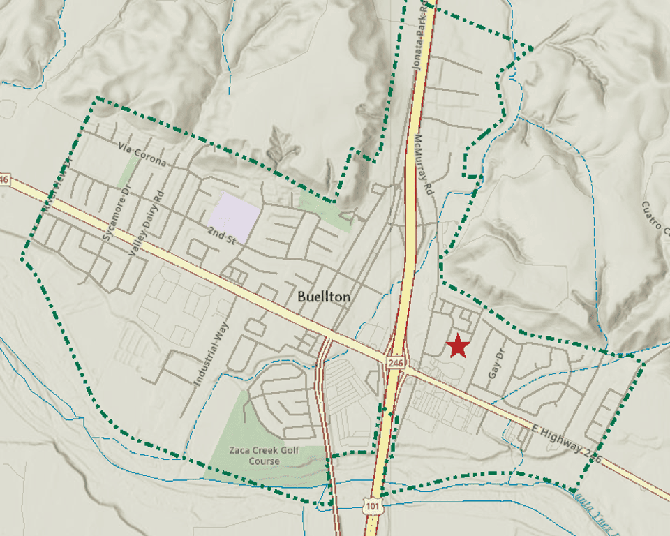 Map of Buellton showing location of the Village Senior Apartments