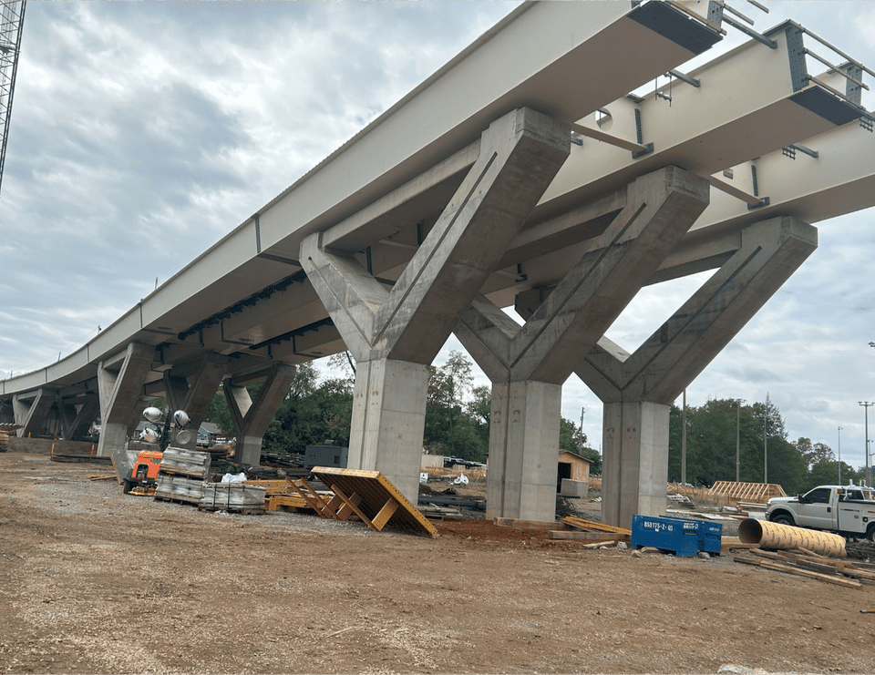 Wasena Bridge construction site showing 3 sets of y-piers and structural steel tub girders
