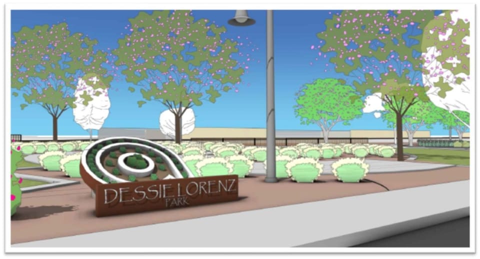 Dessie Lorenz Park sidewalk trees sign.jpg