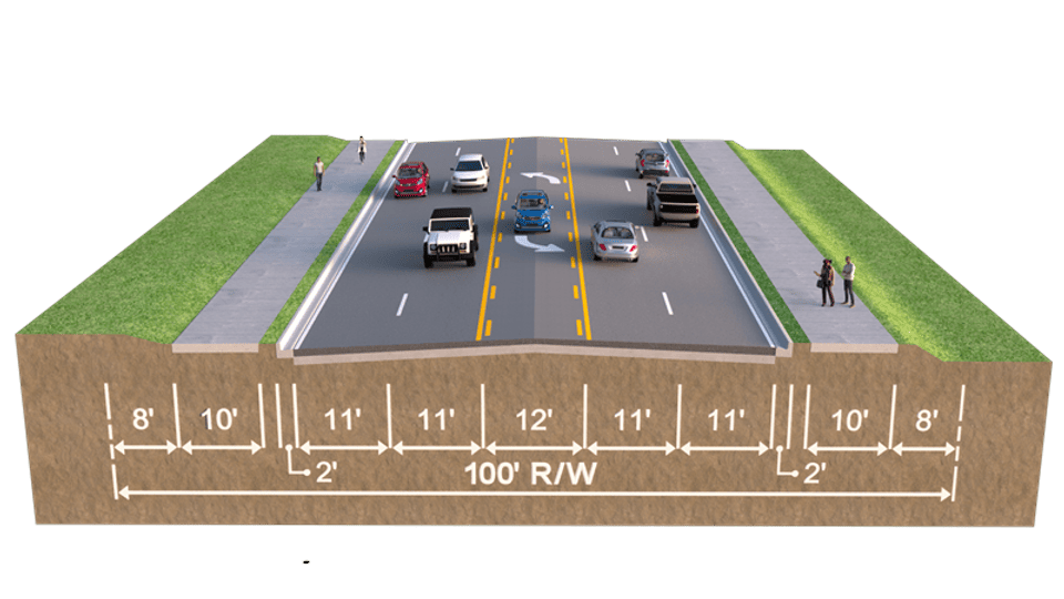 a photo rendering of what price boulevard will look like between sumter and toledo blade except at signalized intersections. two lane traffic both ways and center turn lane.
