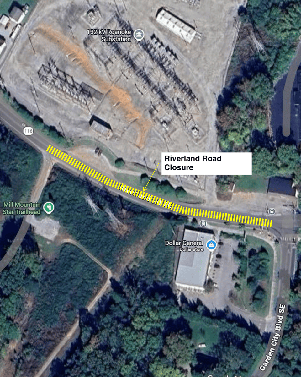Map of Riverland Road with a yellow line indicating a closed road from Garden City Boulevard to the Star Trail access road