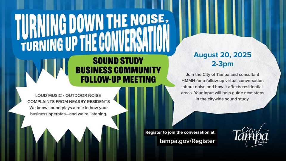 Flyer promoting the August 20 sound study follow up meeting with business owners