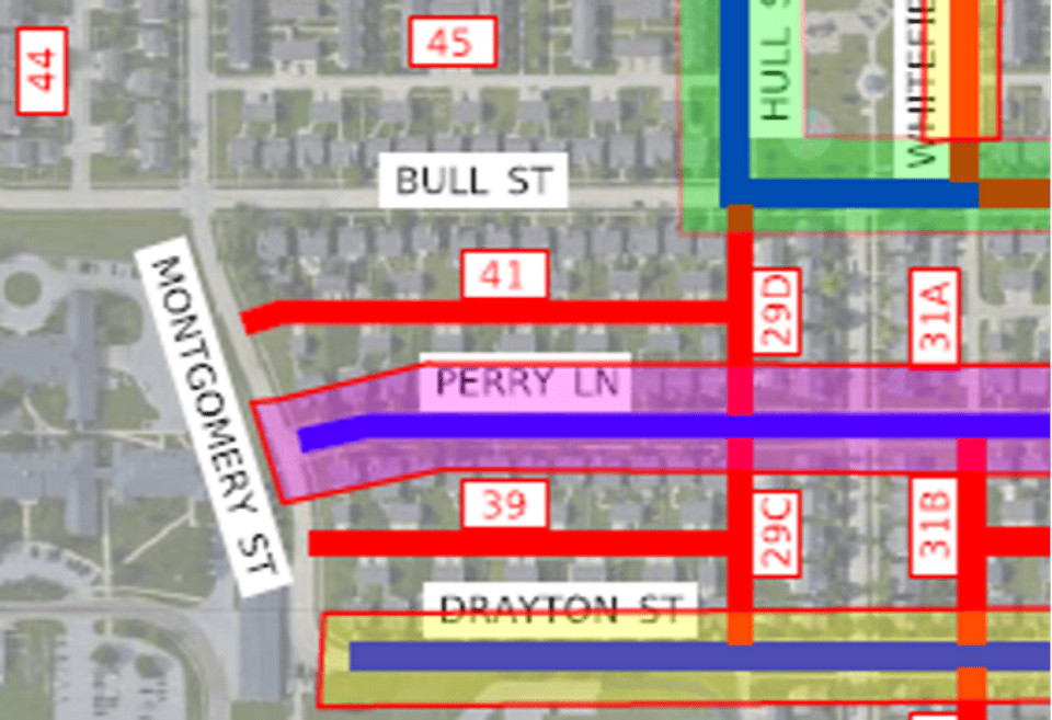 Map excerpt illustrating Alley 41 running east/west and alley 29D running north/south; both alleys are between Bull Street and Perry Lane. 