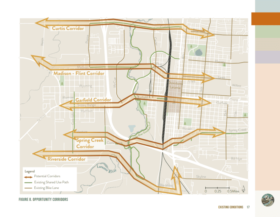 A map showing the 5 major improvement corridors that span the barriers of the river, highway, road, and railroad tracks.