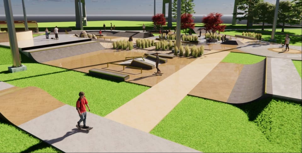 Rendering shows Roanoke skaters utilizing features of the skatepark including the half-pipe and a hill
