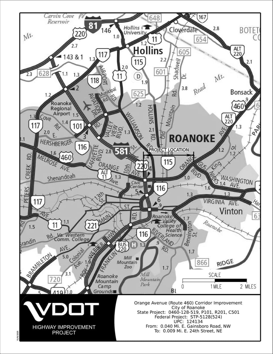 A road map of Roanoke showing the Orange Ave. project location. 
