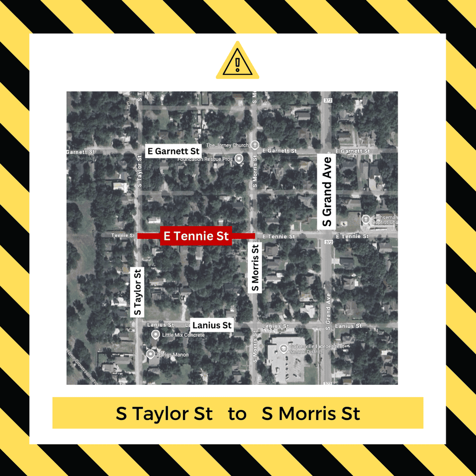 Map of the portion of E Tennie St that will be closed for construction. 