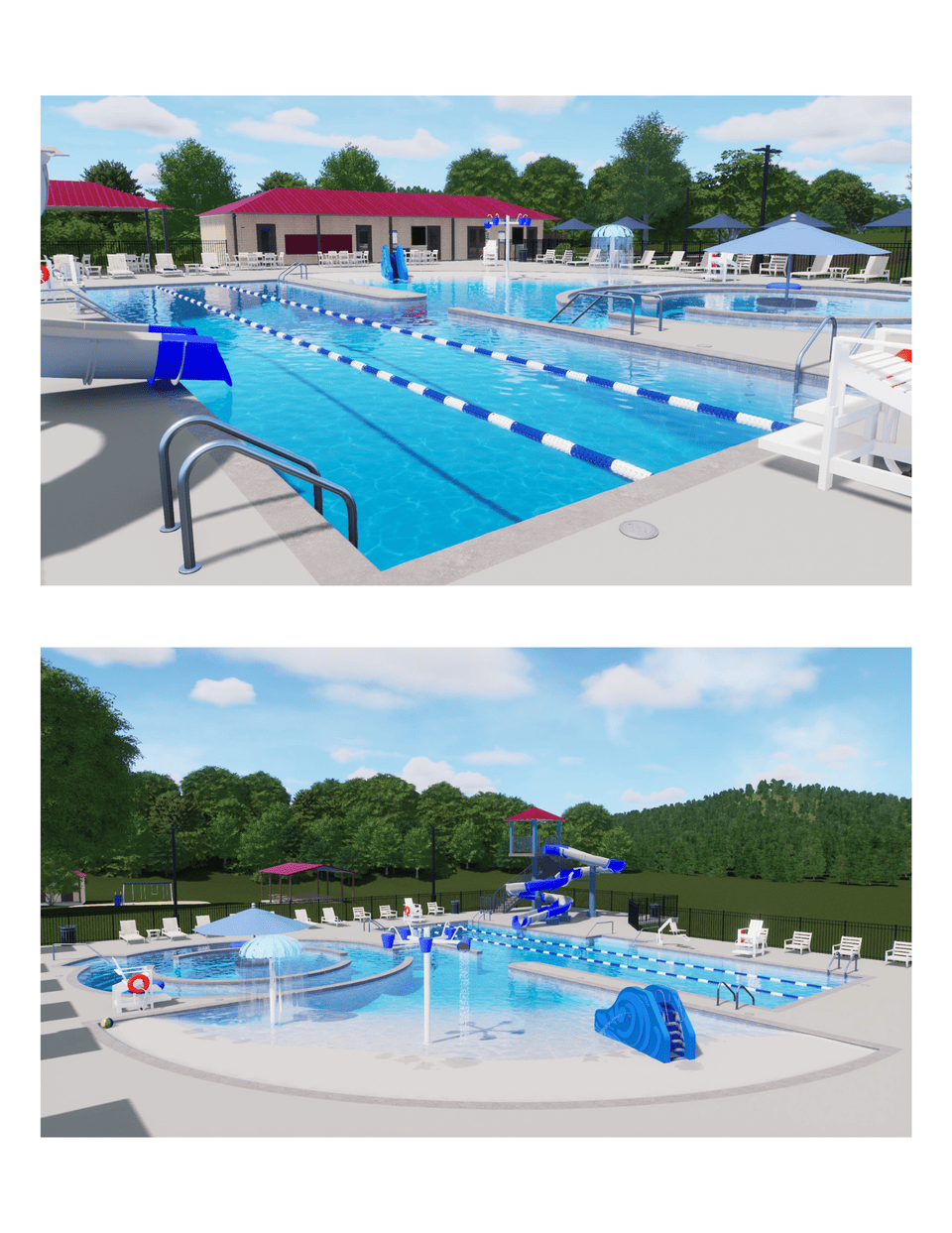 Pool design with lap lanes and shallow water features