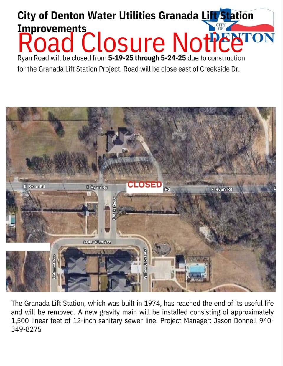 Road closure flier for Ryan Road Closure from 5-19-2025 through 5-24-2025