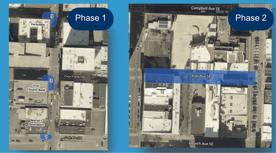 A map showing construction locations on 1st Street SW and Kirk Ave SE