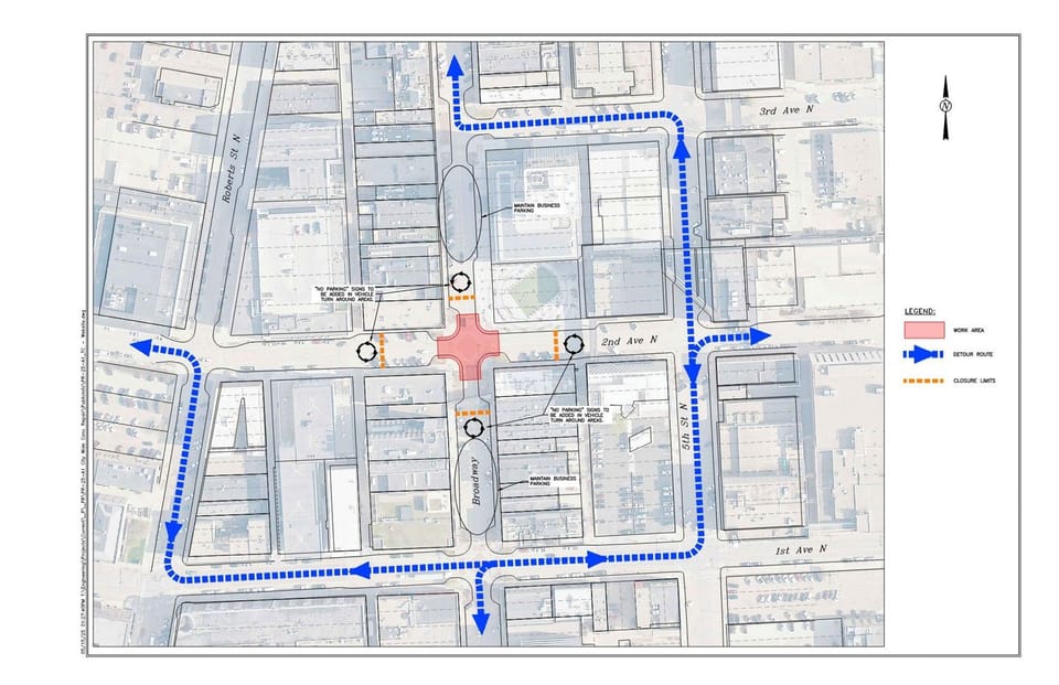 Broadway & 2nd Ave N Closure & Detour Route