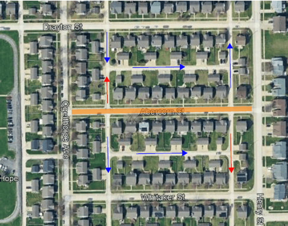 Image of a map of Savannah Green subdivision showing Abercorn St. closed between Oglethorpe Avenue and Henry Street