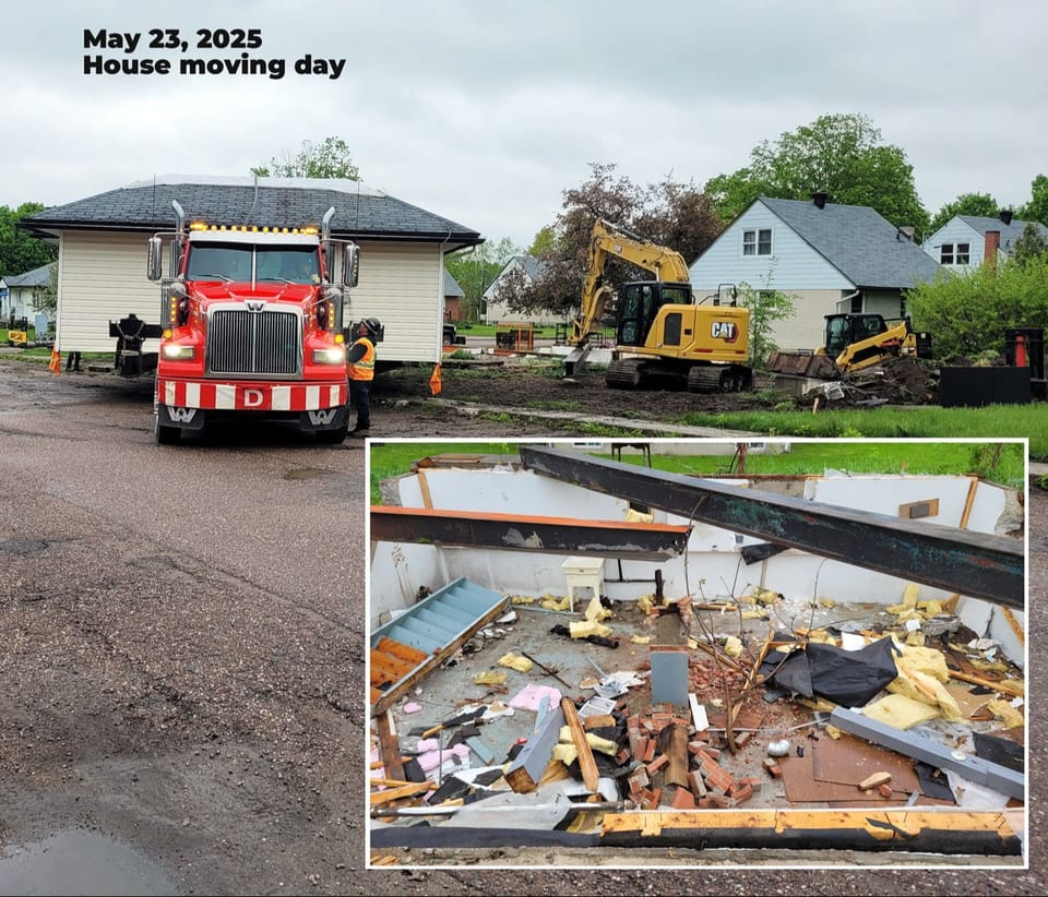 House on a flat bed trailer, inset house basement after the house is moved (lots of debris visible)